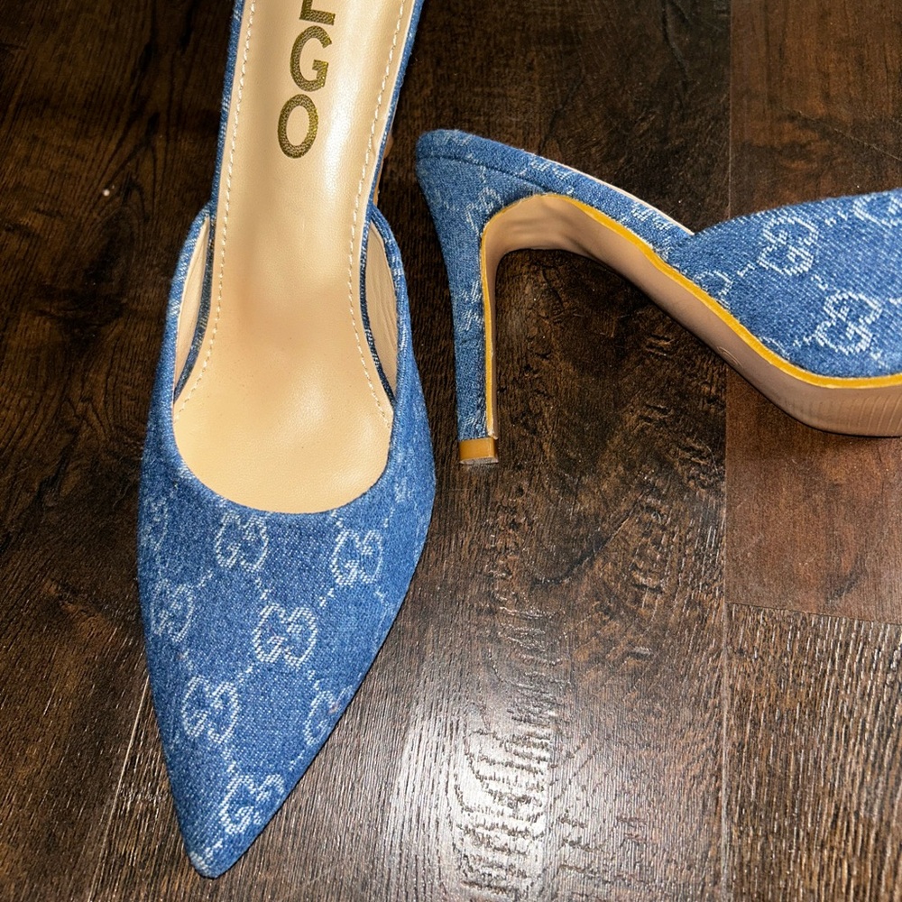 EGO Blue Denim Pointed Toe High Heel Mules - Picture 6 of 7